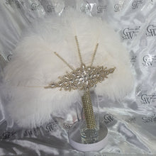Load image into Gallery viewer, White Ostrich Feather Fan: Gold Rhinestone Crystal Wedding Bouquet
