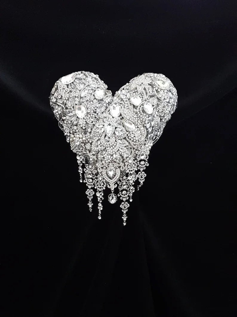 Brooch bouquet Heart shaped, trailing,cascading, jewel heart wedding bouquet. - Silver - Gold by Crystal wedding uk