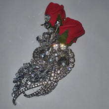 Load image into Gallery viewer, Crystal brooch buttonhole with siilver crystals &amp; Red Foam roses by Crystal wedding uk
