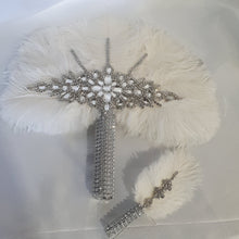 Load image into Gallery viewer, Wedding feather fan &amp; buttonhole set, brides 16" ostrich fan, wedding hand fan any colour as custom made
