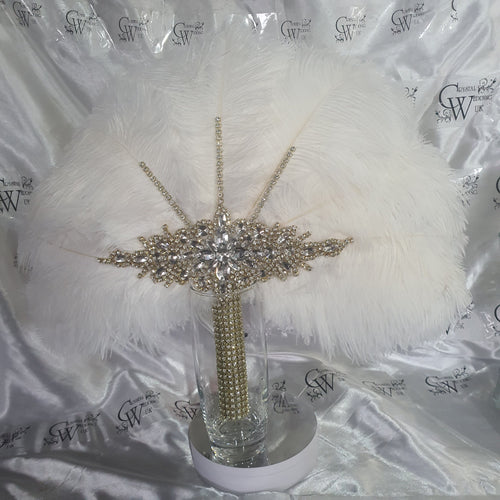 Feather fan in natural white and gold , Ostrich feather wedding fan custom made by Crystal wedding uk