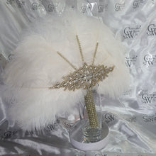 Load image into Gallery viewer, White Ostrich Feather Fan: Gold Rhinestone Crystal Wedding Bouquet
