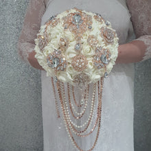 Load image into Gallery viewer, Rose gold Brooch and Pearl drape bouquet by Crystal wedding uk
