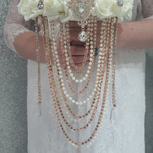 Load image into Gallery viewer, Rose gold Brooch and Pearl drape bouquet by Crystal wedding uk
