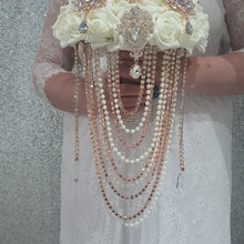 Load image into Gallery viewer, Rose gold Brooch and Pearl drape bouquet by Crystal wedding uk
