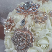 Load image into Gallery viewer, Rose gold Brooch and Pearl drape bouquet by Crystal wedding uk
