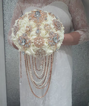 Load image into Gallery viewer, Rose gold Brooch and Pearl drape bouquet by Crystal wedding uk
