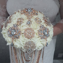 Load image into Gallery viewer, Rose gold Brooch and Pearl drape bouquet by Crystal wedding uk
