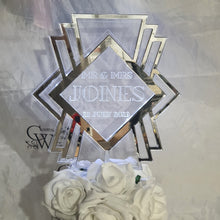 Load image into Gallery viewer, LED Wedding Cake topper - Gatsby 1920&#39;s design, Engraved Acrylic light-up by Crystal wedding uk
