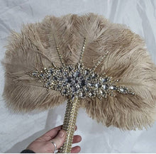 Load image into Gallery viewer, Wedding feather fan, brides ostrich fan, wedding hand fan, vintage champagne, Great Gatsby any colour custom made by Crystal wedding uk
