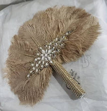 Load image into Gallery viewer, Wedding feather fan, brides ostrich fan, wedding hand fan, vintage champagne, Great Gatsby any colour custom made by Crystal wedding uk
