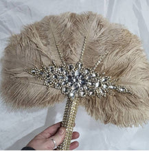 Load image into Gallery viewer, Wedding feather fan, brides ostrich fan, wedding hand fan, vintage champagne, Great Gatsby any colour custom made by Crystal wedding uk
