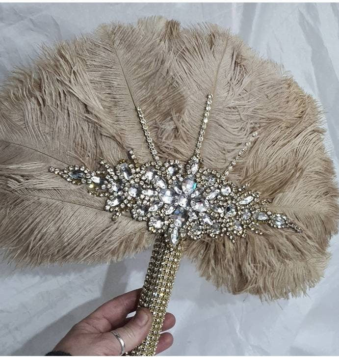 Wedding feather fan, brides ostrich fan, wedding hand fan, vintage champagne, Great Gatsby any colour custom made by Crystal wedding uk