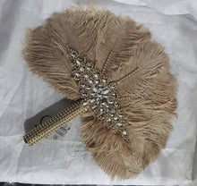 Load image into Gallery viewer, Wedding feather fan, brides ostrich fan, wedding hand fan, vintage champagne, Great Gatsby any colour custom made by Crystal wedding uk
