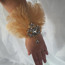 Load image into Gallery viewer, Feather Wrist Corsage: Rhinestone Brooch, 1920s Gatsby Style
