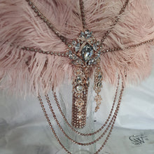 Load image into Gallery viewer, Gold Champagne feather fan bouquet cascade, pink Great Gatsby wedding style 1920&#39;s - any colour as custom made by Crystal wedding uk
