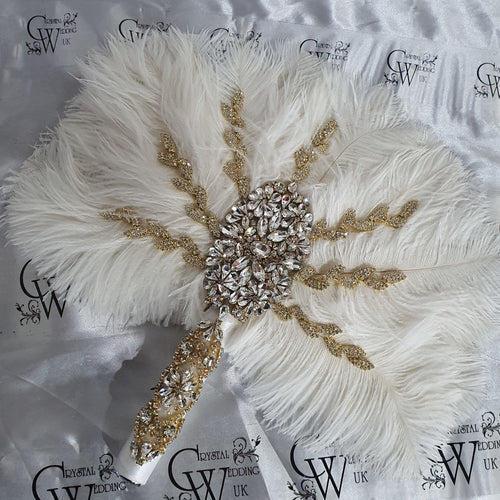 Ostrich Feather Fan bouquet with Genuine crystal detail- alternative Bouquet Great Gatsby wedding style, Artificial wedding bouquet