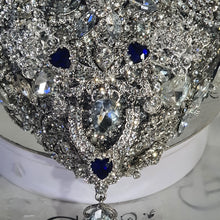 Load image into Gallery viewer, Something blue Brooch bouquet Heart shaped, trailing,cascading, jewel heart wedding bouquet. by Crystal wedding uk
