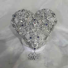 Load image into Gallery viewer, Something blue Brooch bouquet Heart shaped, trailing,cascading, jewel heart wedding bouquet. by Crystal wedding uk
