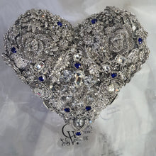 Load image into Gallery viewer, Something blue Brooch bouquet Heart shaped, trailing,cascading, jewel heart wedding bouquet. by Crystal wedding uk
