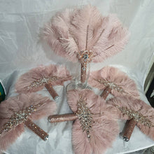 Load image into Gallery viewer, Set of blush pink 6 Feather Fan bouquets, Ostrich feathers, wedding style 1920&#39;s - any colour as custom made by Crystal wedding uk
