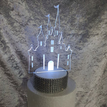 Load image into Gallery viewer, Personalized Fairy Tale Castle Cake topper - Acrylic Castle,Engraved personalised with any wording LED light-up topper by Crystal wedding uk
