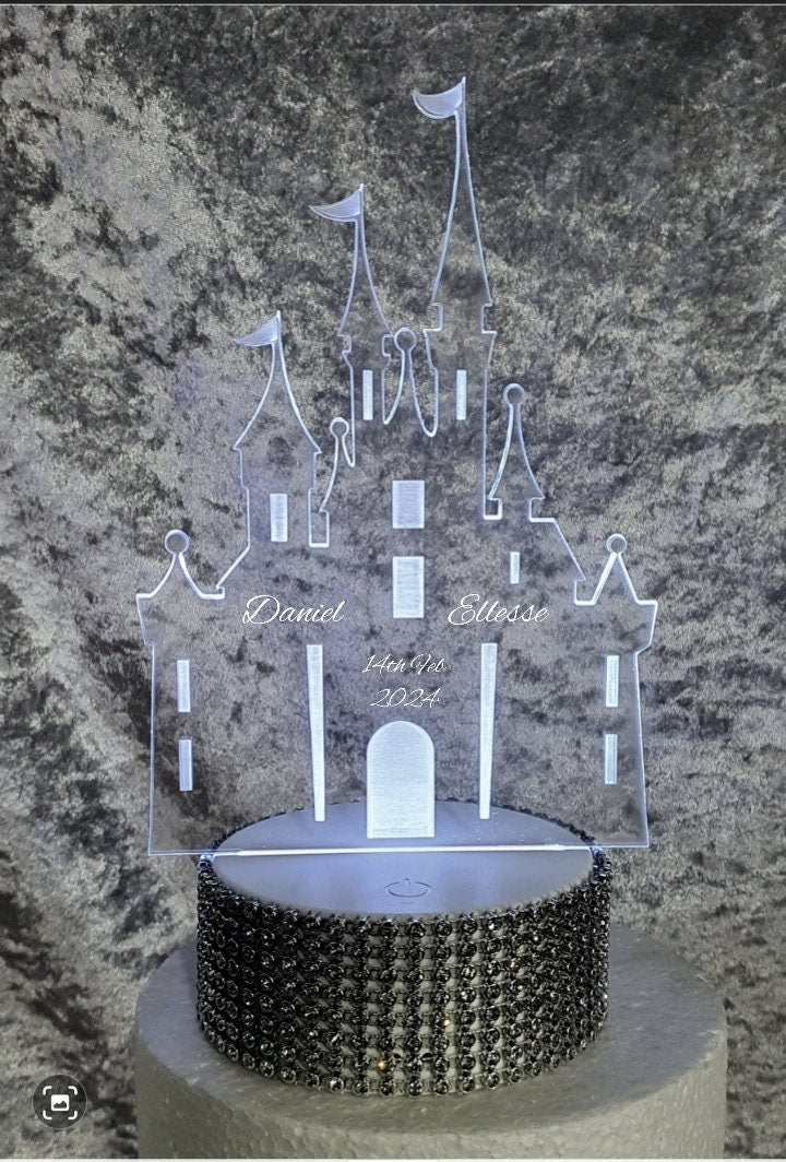 Personalized Fairy Tale Castle Cake topper - Acrylic Castle,Engraved personalised with any wording LED light-up topper by Crystal wedding uk