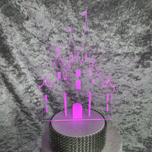 Load image into Gallery viewer, Personalized LED Castle Cake Topper: Engraved Acrylic Fairy Tale Decor

