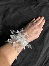 Load image into Gallery viewer, Snowflake wrist corsage for a Winter wedding Wrist Corsage - Winter Wedding Corsage -Perfect for a Christmas Wedding or Winter Formal event
