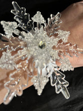 Load image into Gallery viewer, Snowflake wrist corsage for a Winter wedding Wrist Corsage - Winter Wedding Corsage -Perfect for a Christmas Wedding or Winter Formal event
