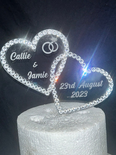 Personalised Crystal heart Cake topper 6'' [ Entwined hearts - personalised cake topper [ bling cake topper [ rhinestone cake topper