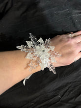 Load image into Gallery viewer, Snowflake wrist corsage for a Winter wedding Wrist Corsage - Winter Wedding Corsage -Perfect for a Christmas Wedding or Winter Formal event
