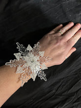 Load image into Gallery viewer, Snowflake wrist corsage for a Winter wedding Wrist Corsage - Winter Wedding Corsage -Perfect for a Christmas Wedding or Winter Formal event
