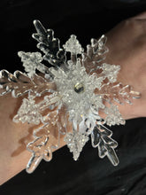 Load image into Gallery viewer, Snowflake wrist corsage for a Winter wedding Wrist Corsage - Winter Wedding Corsage -Perfect for a Christmas Wedding or Winter Formal event
