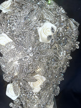 Load image into Gallery viewer, Diamante bouquet, rose &amp; brooch Jewel rhinestone crystal wedding bouquet Crystal Bridal Bouquet, rose cascade bouquet Crystal wedding uk
