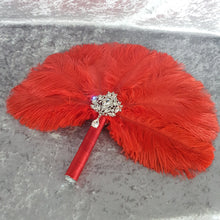 Load image into Gallery viewer, Red feather fan - Great Gatsby ostrich feather wedding style 1920&#39;s - any colour as custom made by Crystal wedding uk
