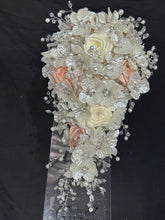 Load image into Gallery viewer, Ivory flower bouquet, rhinestone bridal flowers , any colour satin roses and pearls Luxury brides bouquet by Crystal Wedding UK
