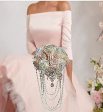 Load image into Gallery viewer, Ivory flower bouquet, rhinestone bridal flowers
