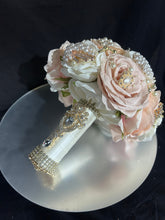 Load image into Gallery viewer, Bridal Brooch Bouquet, Vintage style, Ivory blush Wedding Bouquet, Gold Jeweled Bouquet, Brooch Bouquet, Unique, Silk Flower Bouquet,
