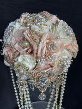 Load image into Gallery viewer, Bridal blush brooch pearl flower bouquet, rhinestone bridal flowers by crystal wedding UK
