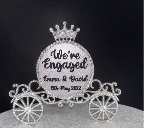 Cinderella Carriage Cake topper -Swarovski crystal elements WERE ENGAGED, fairytale Princess carriage, Cake decoration by Crystal Wedding UK