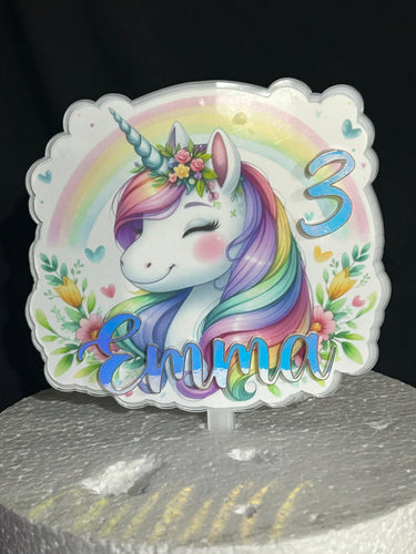 Unicorn Cake topper - Personalised - Unicorn rainbow design, Cake decoration by Crystal Wedding UK