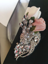 Load image into Gallery viewer, Crystal brooch buttonhole with crystals &amp; Foam roses by Crystal wedding uk
