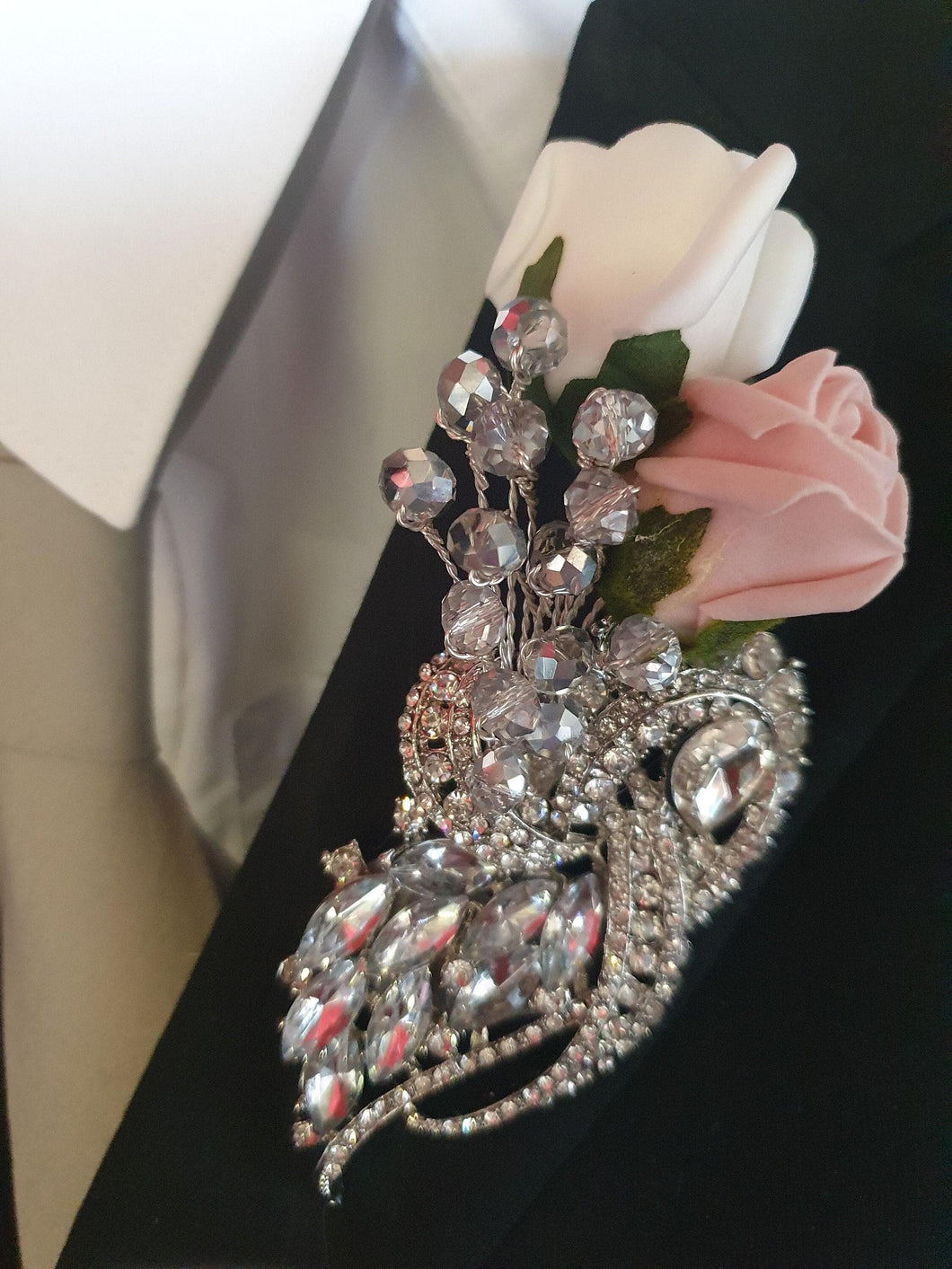 Crystal brooch buttonhole with crystals & Foam roses by Crystal wedding uk