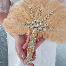 Load image into Gallery viewer, Feather wedding Fan gold Ostrich feather Gatsby fan 1920&#39;s bouquet by Crystal wedding uk
