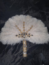 Load image into Gallery viewer, Feather wedding Fan gold Ostrich feather Gatsby fan 1920&#39;s bouquet by Crystal wedding uk
