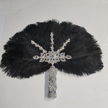 Load image into Gallery viewer, Feather wedding Fan gold Ostrich feather Gatsby fan 1920&#39;s bouquet by Crystal wedding uk
