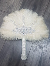 Load image into Gallery viewer, Feather wedding Fan gold Ostrich feather Gatsby fan 1920&#39;s bouquet by Crystal wedding uk
