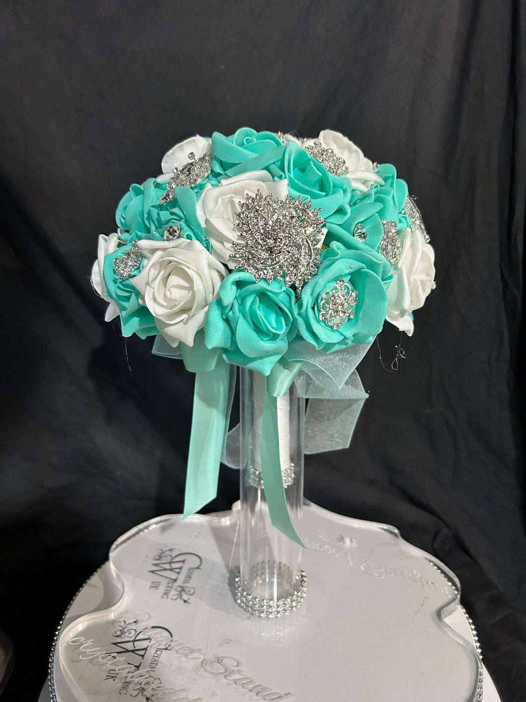 Brooch Bouquet,Robins egg blue, duck egg blue teel rose bouquet. by Crystal wedding uk