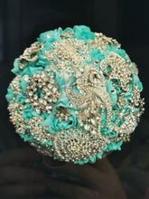 Load image into Gallery viewer, Brooch Bouquet,Robins egg blue, duck egg blue teel rose bouquet. by Crystal wedding uk
